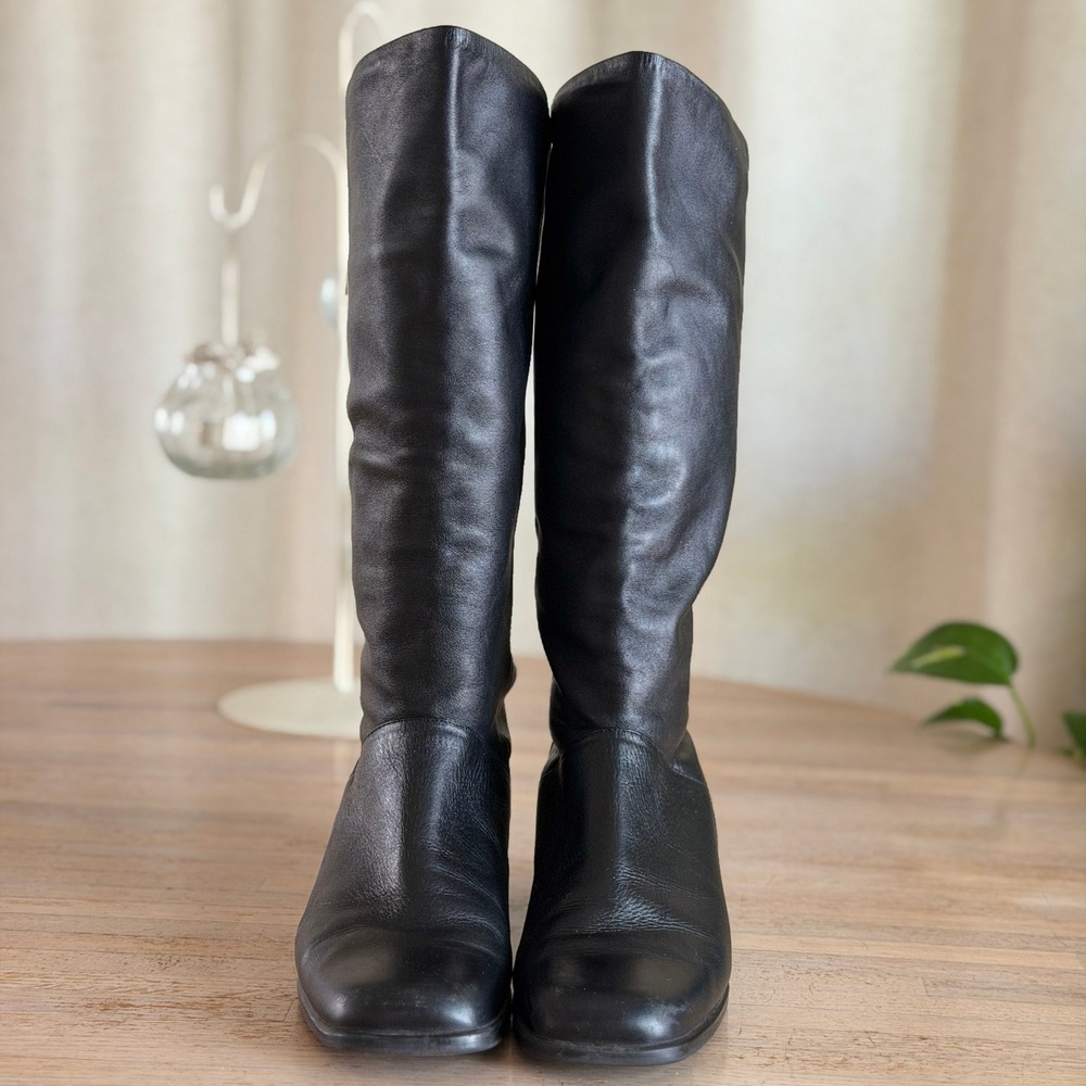 Vtg 90s Tuscan Black Leather Square Toe Low Block Heel Slouch Boots Women 7.5M - Picture 2 of 7